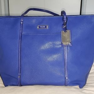 TUMI tote, blue leather w/silver tone hardware